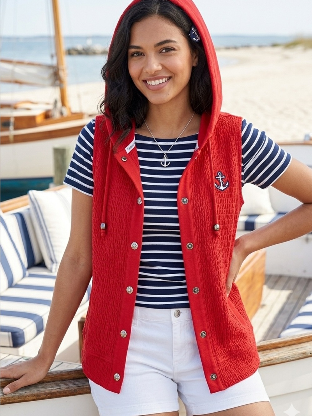 Christopher & Banks Sleeveless Textured Hoodie Vest Red size Medium Button Front